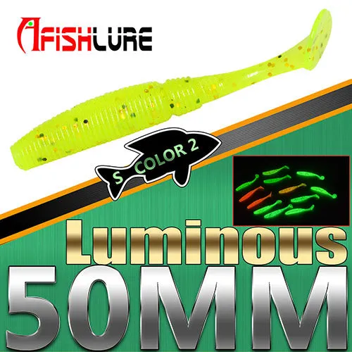 15pcs/lot Luminous Paddle Tail Soft Grubs 1g 50mm Glow in Dark T Tail Lure Jig Head soft lure for bass Fishing Mandarin fishing