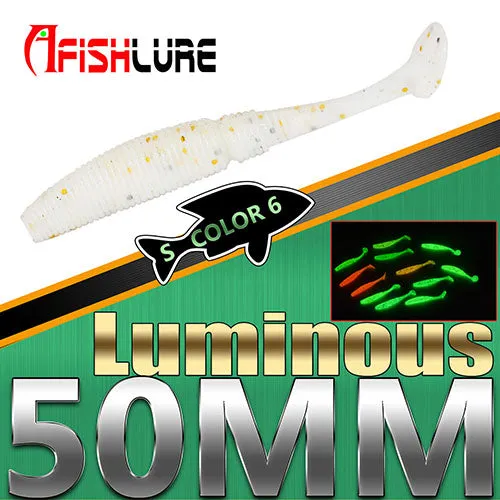 15pcs/lot Luminous Paddle Tail Soft Grubs 1g 50mm Glow in Dark T Tail Lure Jig Head soft lure for bass Fishing Mandarin fishing