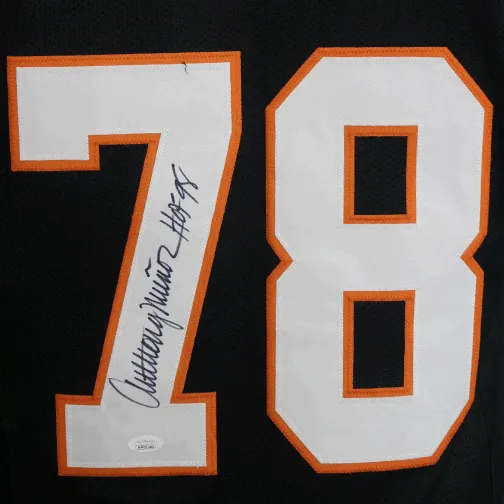 Anthony Munoz Autographed Pro Style Football Jersey Black/Orange (JSA) HOF Inscription Included