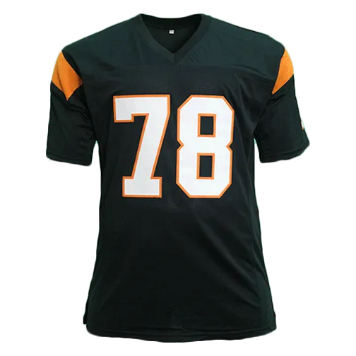 Anthony Munoz Autographed Pro Style Football Jersey Black/Orange (JSA) HOF Inscription Included