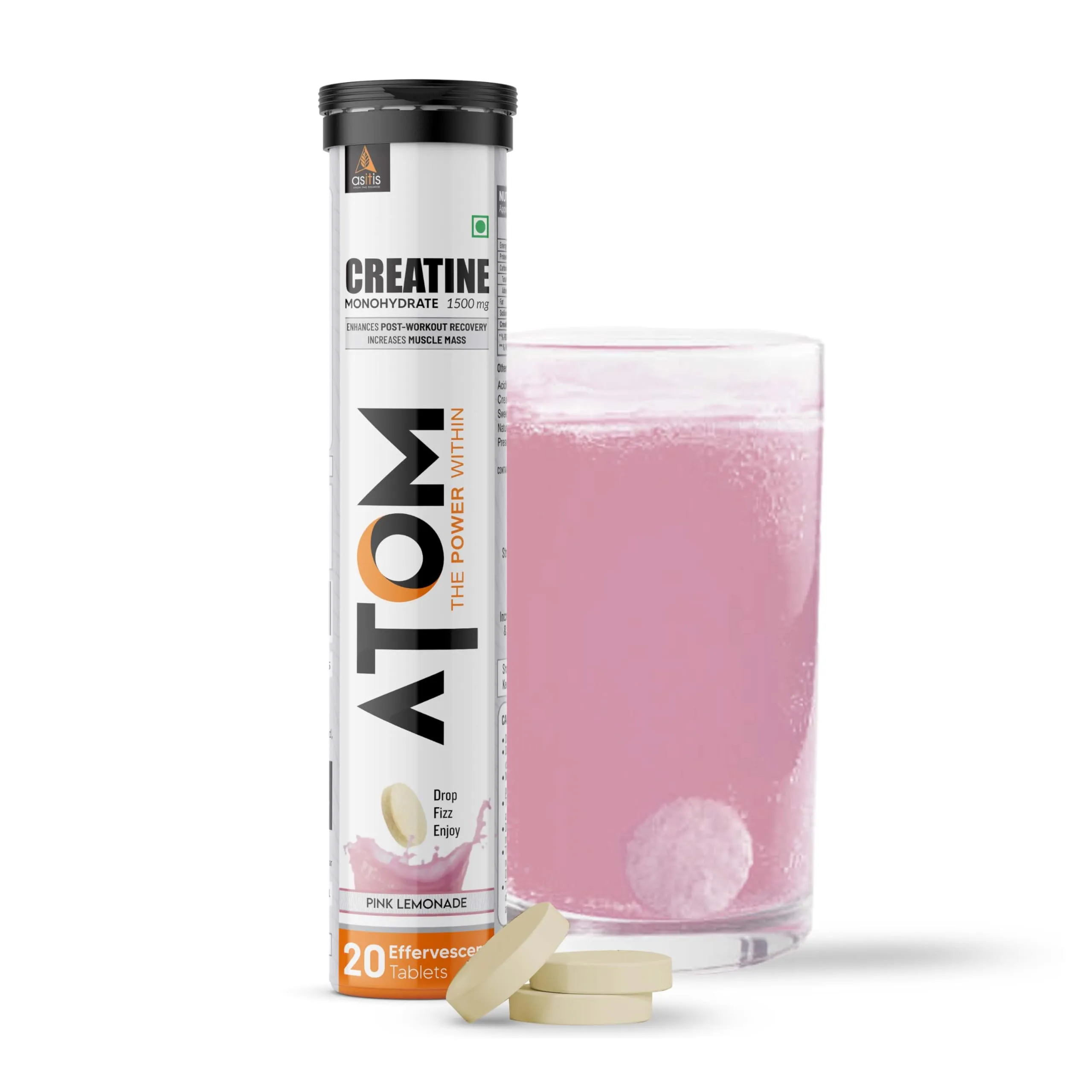 AS-IT-IS ATOM Creatine Monohydrate 1500mg Effervescent 20 Tablets, Pink Lemonade, Boost Muscle Power