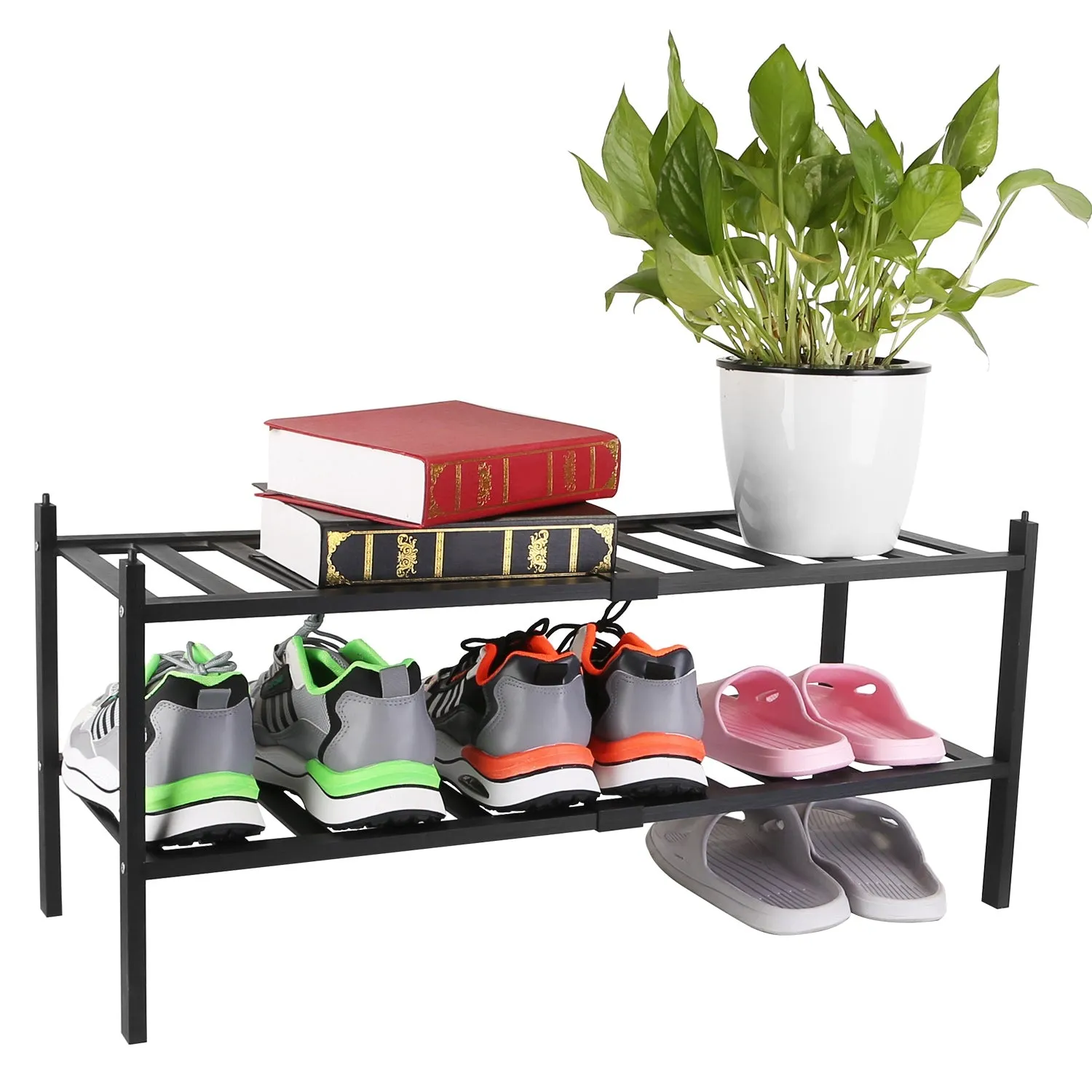 Bamboo Shoe Rack 2-Tier Stackable Shoe Shelf Free Standing Small Shoe Storage Organizer for Entryway Closet Bedroom Bathroom Living Room - Black