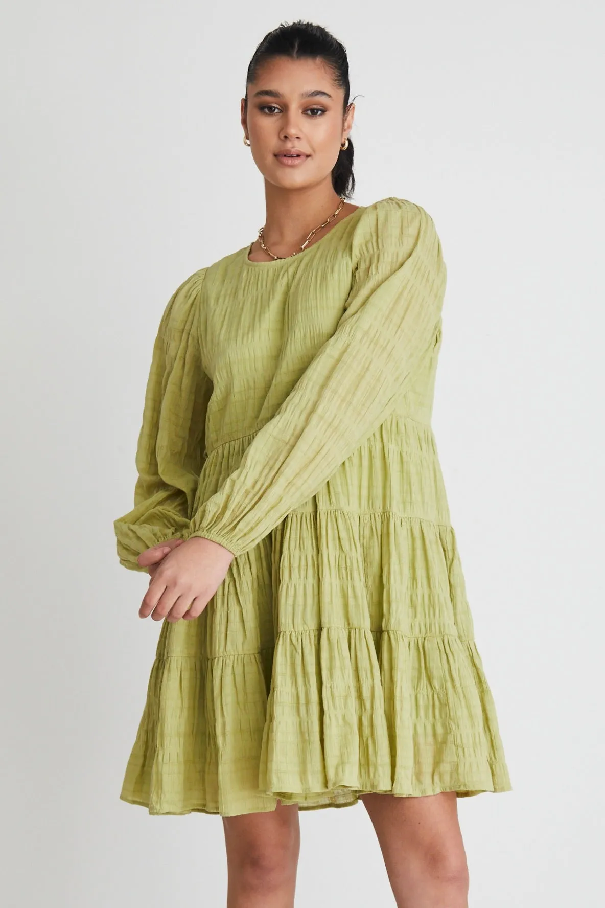 Bella Pistachio LS Tiered Mini Dress