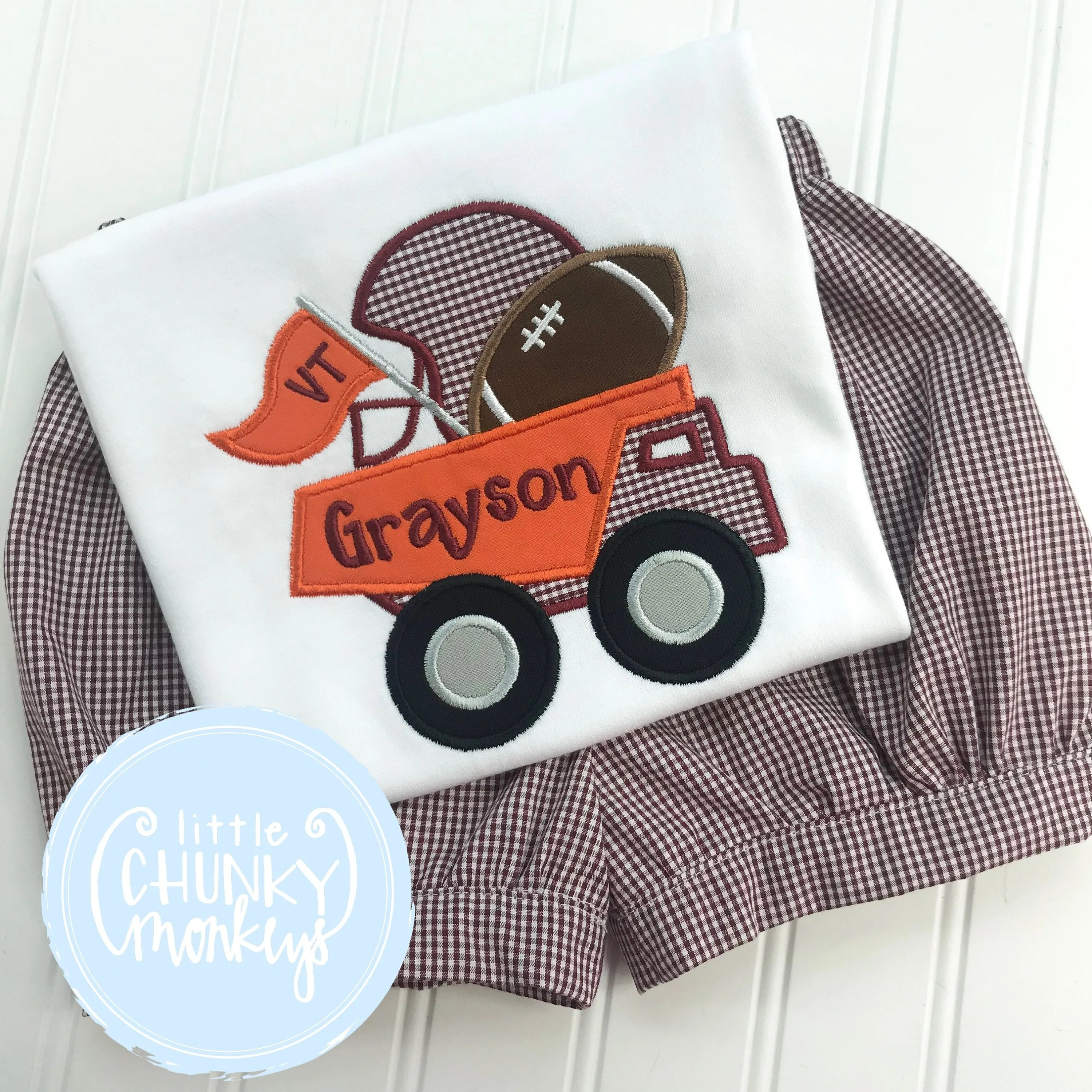 Boy Shirt - Maroon and Orange Football Dump Truck Applique Shirt