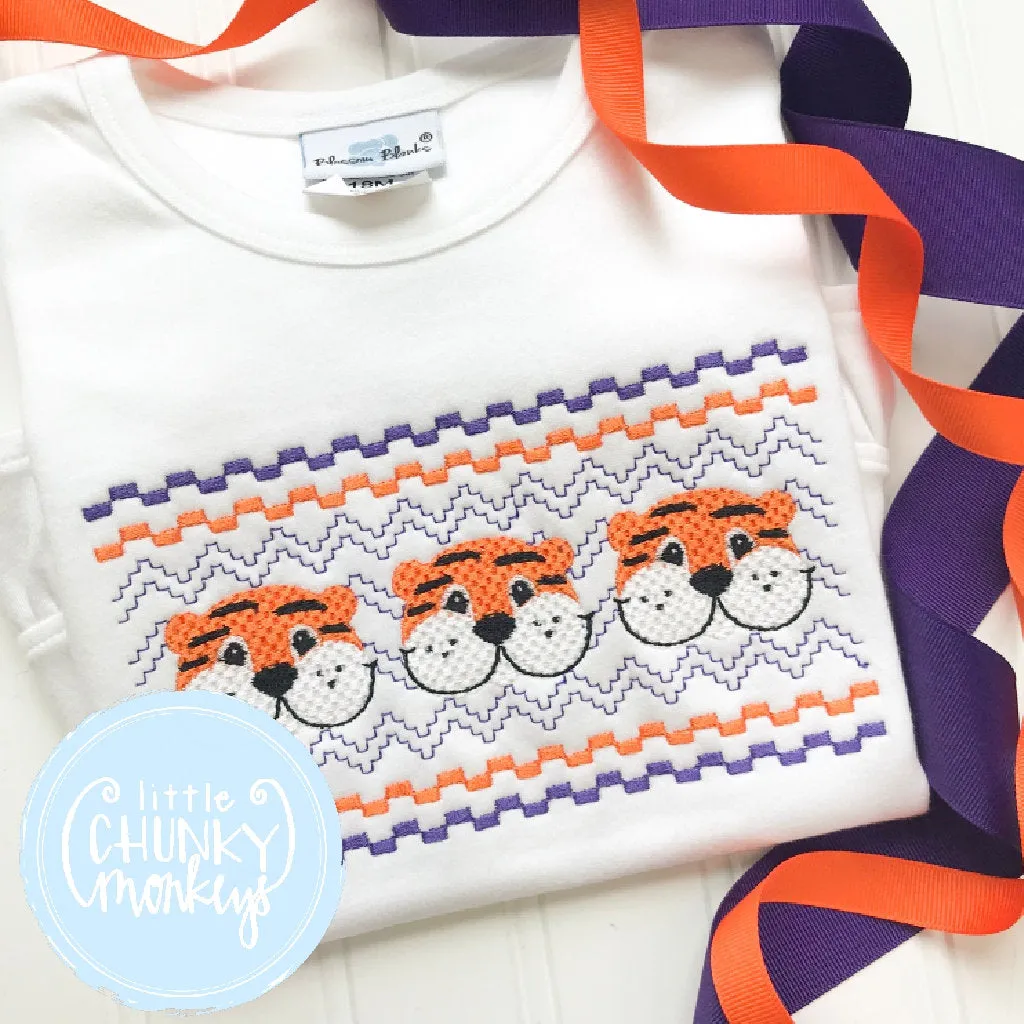 Boy Shirt- Orange and Purple Faux Smocked Tiger Trio Shirt