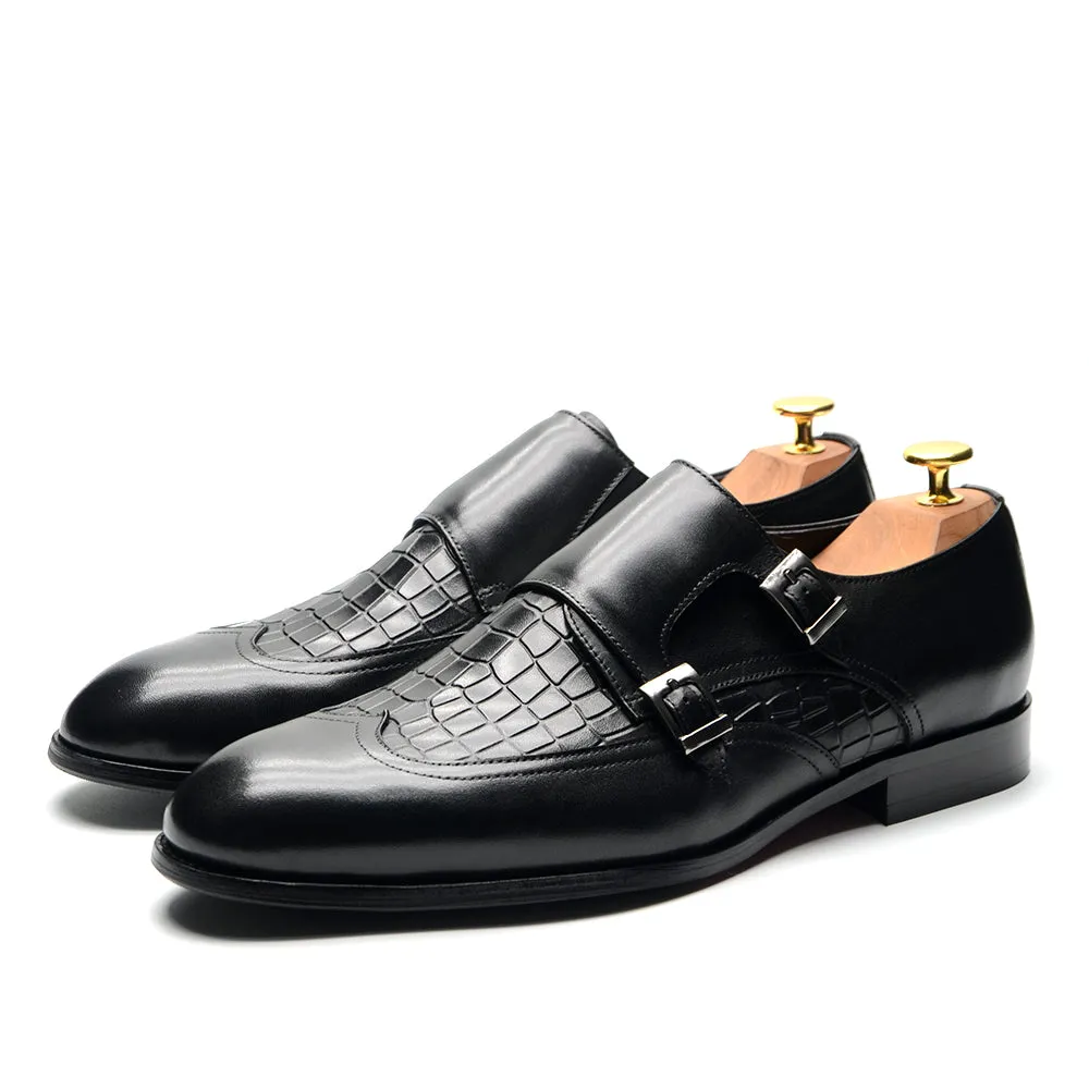 Classic Crocodile Print Double Buckle Monk Shoes