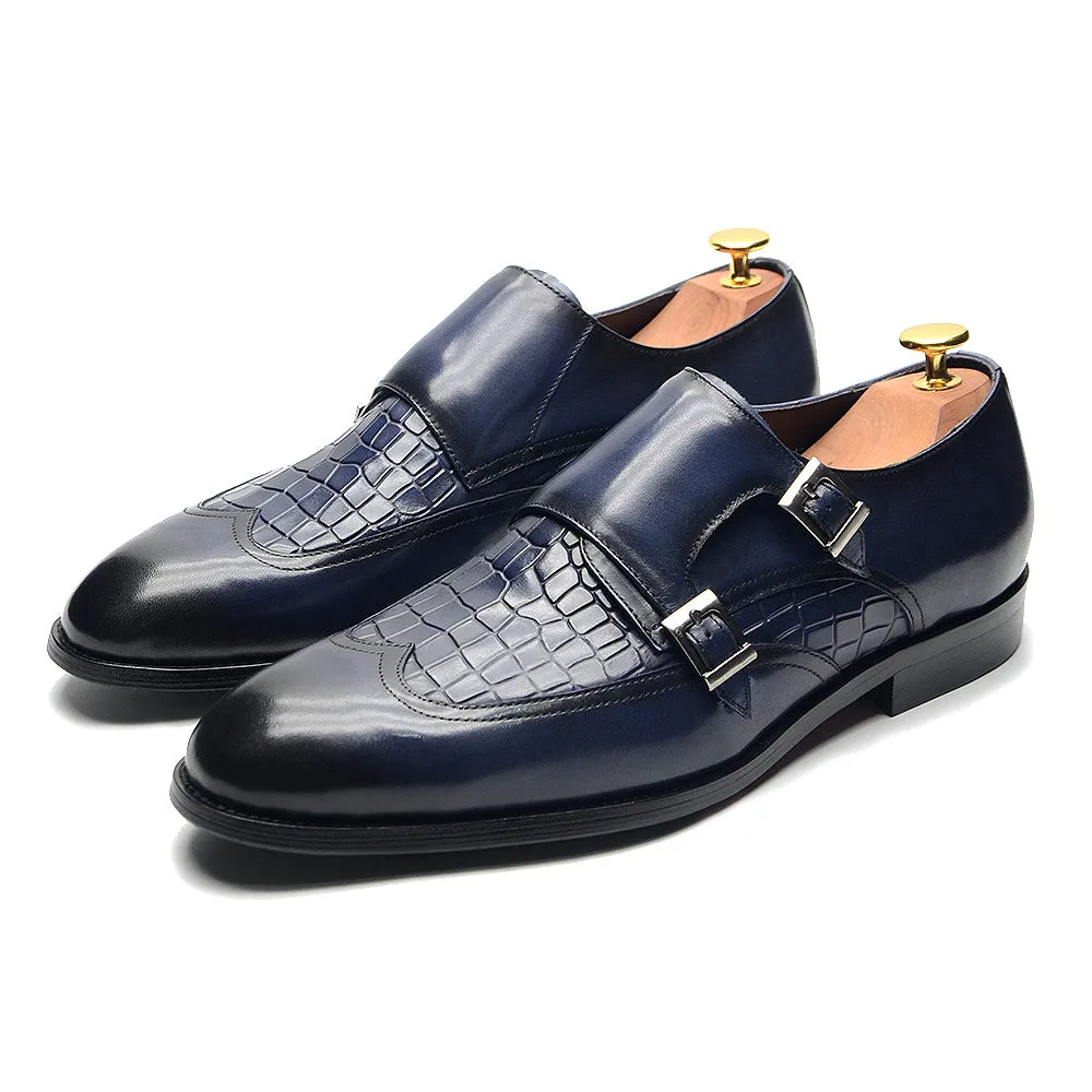 Classic Crocodile Print Double Buckle Monk Shoes