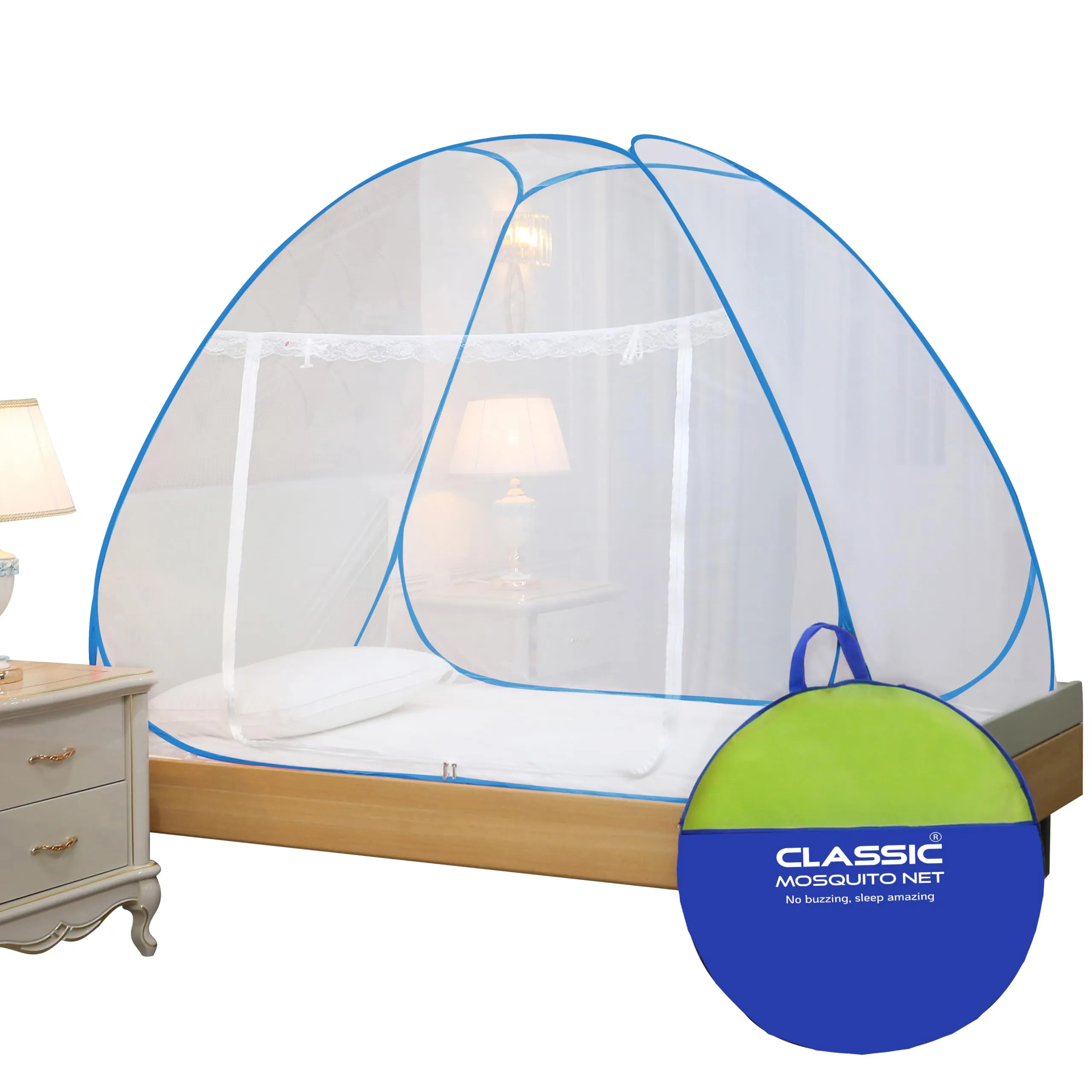 Classic Mosquito Net for Single Bed | Foldable Machardani | Polyester Strong 30GSM mesh | PVC Coated Corrosion Resistant Steel Wire - Blue.