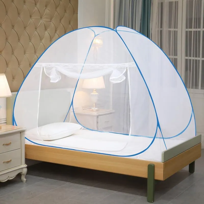 Classic Mosquito Net for Single Bed | Foldable Machardani | Polyester Strong 30GSM mesh | PVC Coated Corrosion Resistant Steel Wire - Blue.