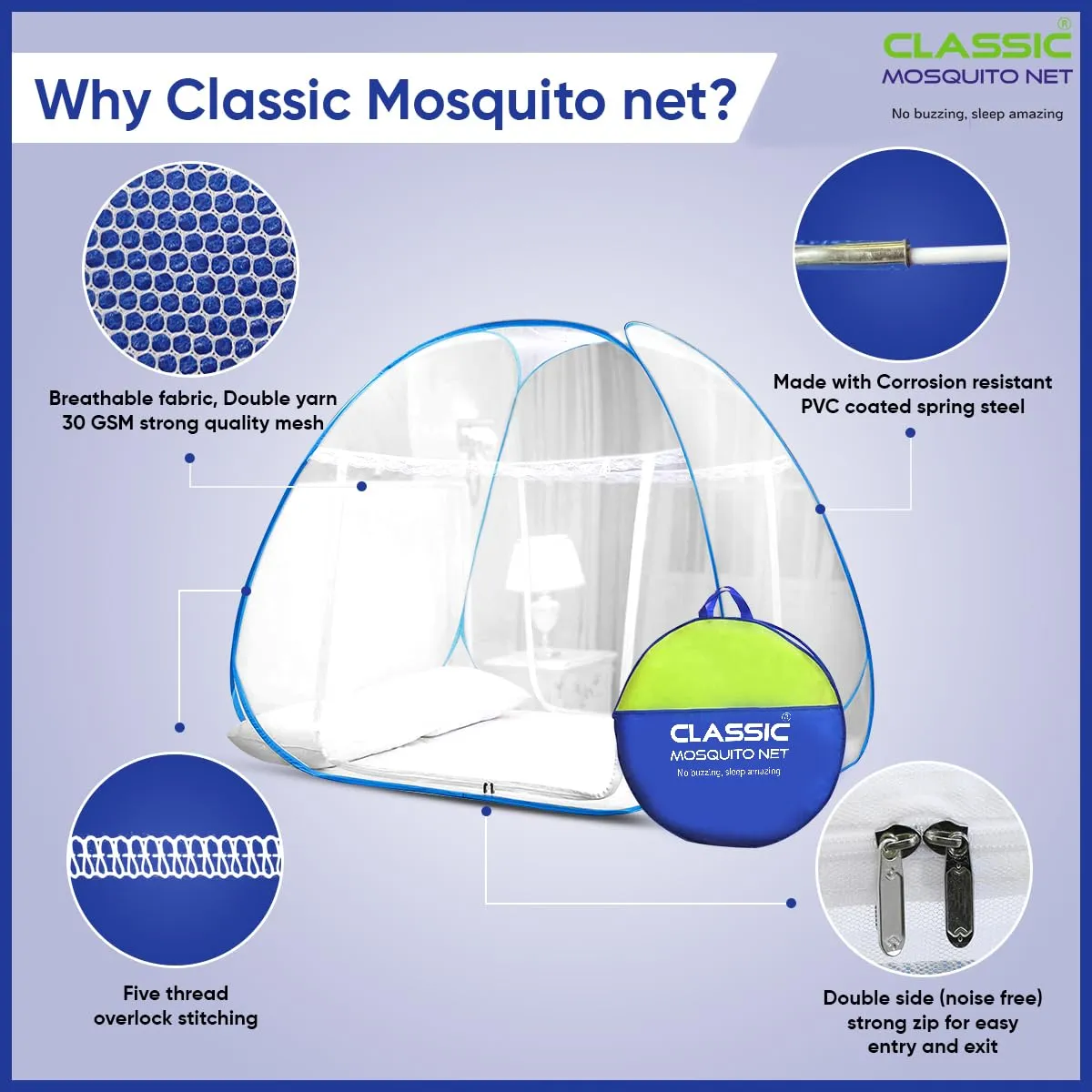 Classic Mosquito Net for Single Bed | Foldable Machardani | Polyester Strong 30GSM mesh | PVC Coated Corrosion Resistant Steel Wire - Blue.