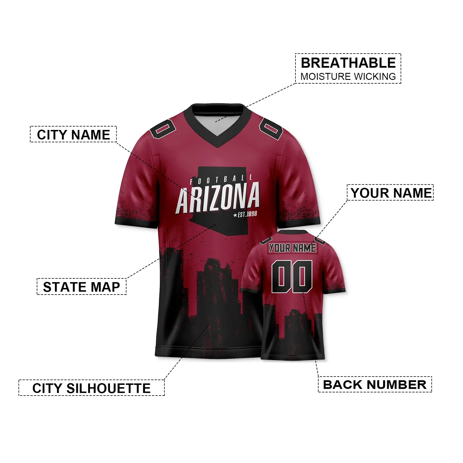 Custom Football Jersey Arizona Cardinals City Map Graffiti Shirt Unisex Personalized Name and Number for Men Women Youth Football Fans Gift