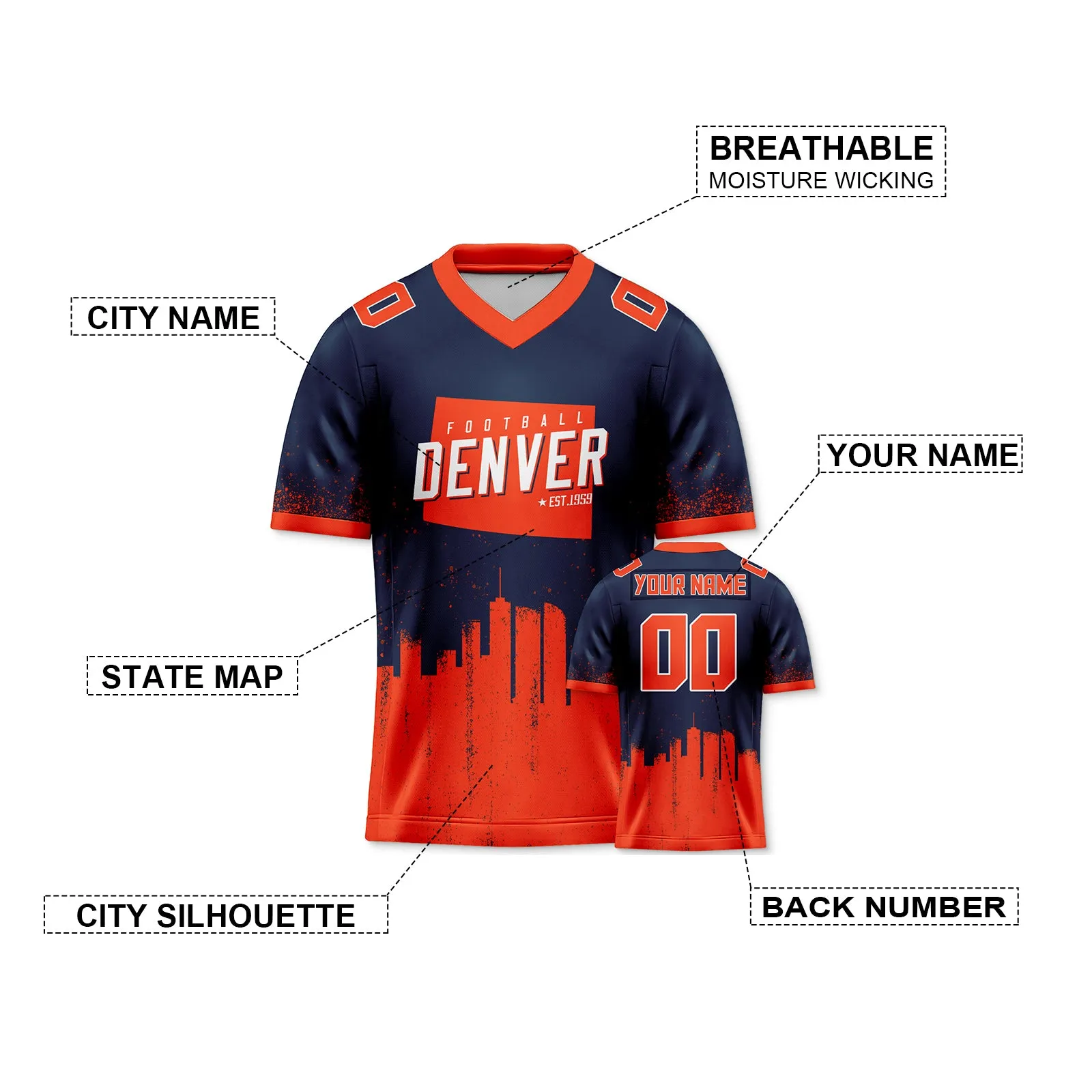 Custom Football Jersey Denver Broncos City Map Graffiti Shirt Unisex Personalized Name and Number for Men Women Youth Football Fans Gift