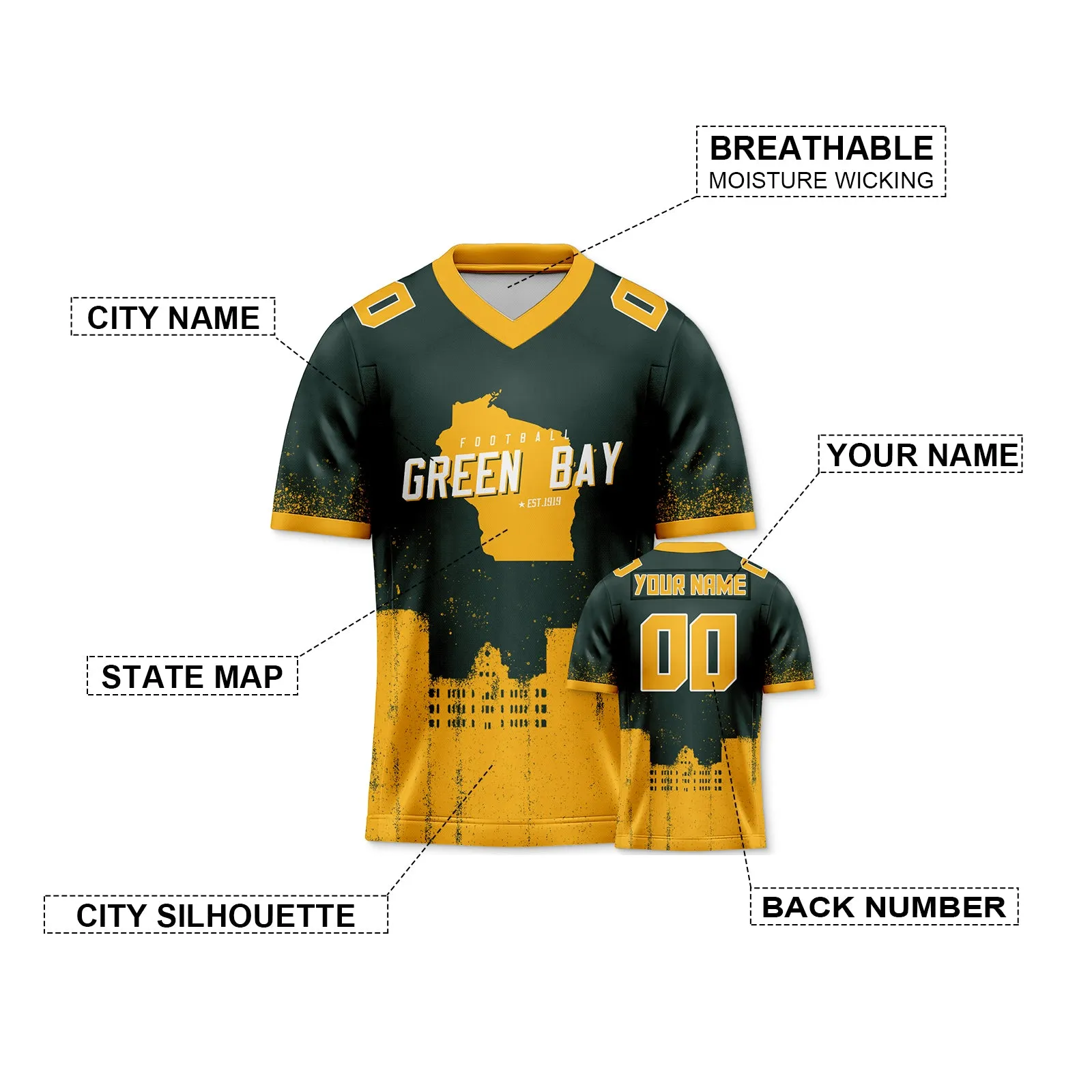 Custom Football Jersey Green Bay Packers City Map Graffiti Shirt Unisex Personalized Name and Number for Men Women Youth Football Fans Gift