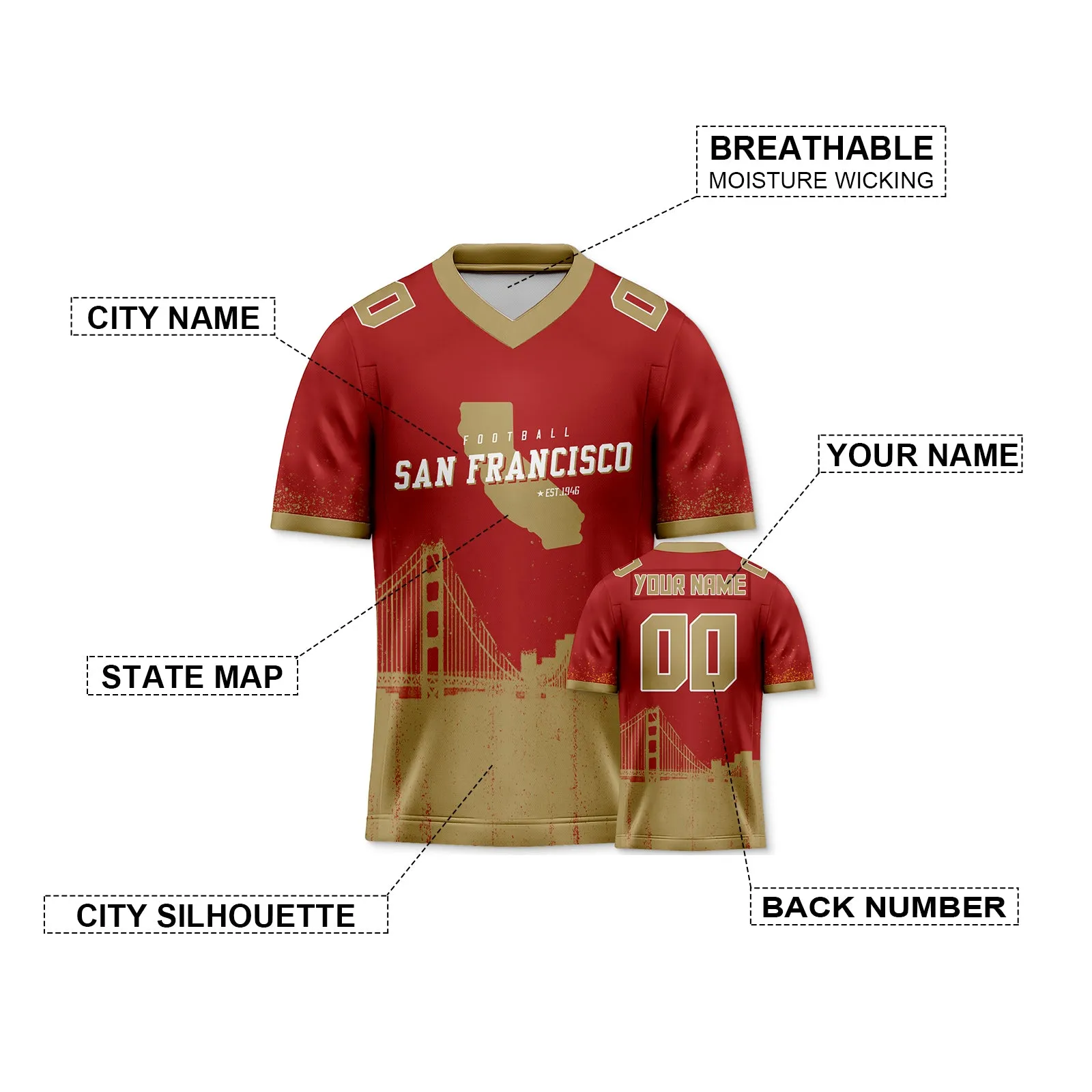 Custom Football Jersey San Francisco 49ers City Map Graffiti Shirt Unisex Personalized Name and Number for Men Women Youth Football Fans Gift