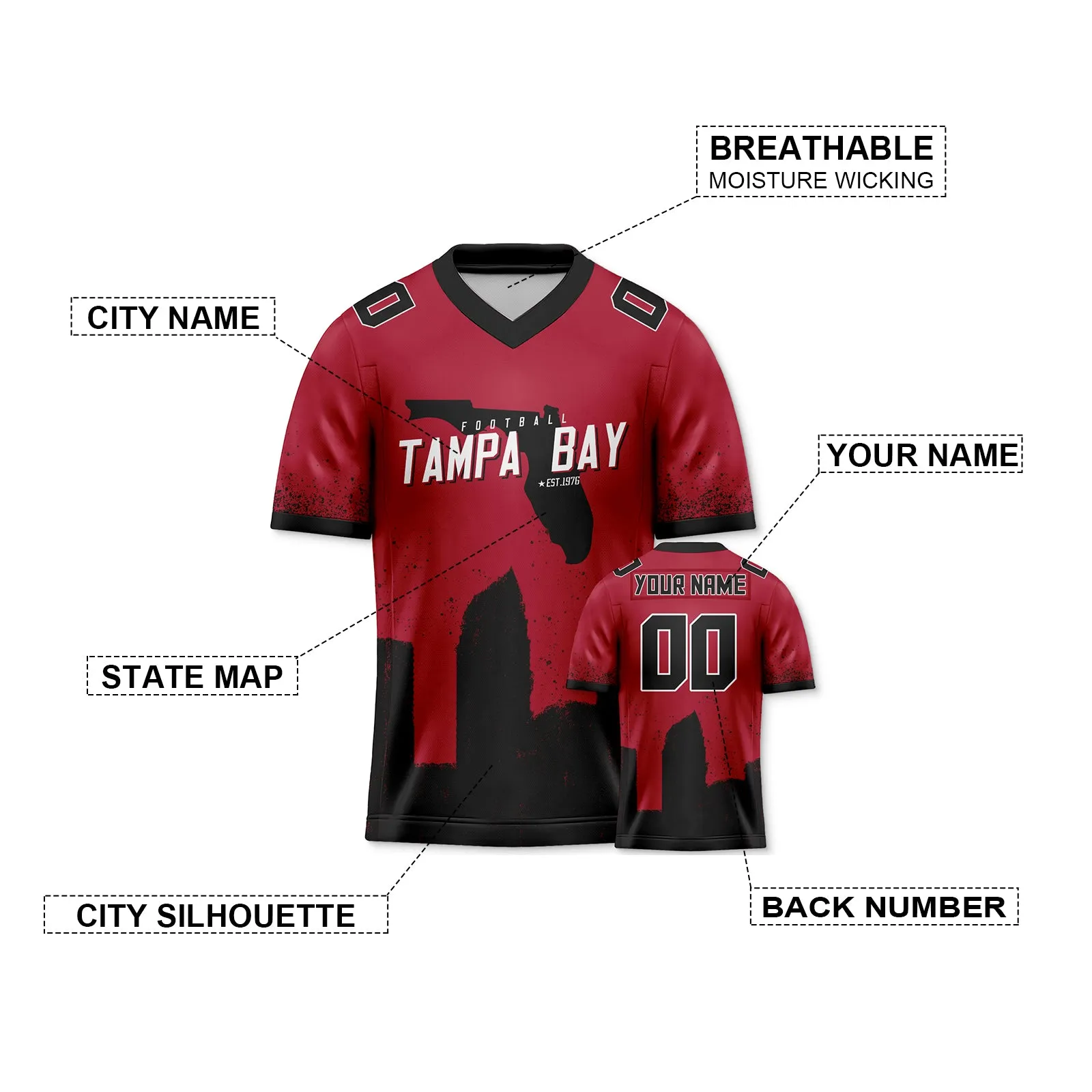 Custom Football Jersey Tampa Bay Buccaneers City Map Graffiti Shirt Unisex Personalized Name and Number for Men Women Youth Football Fans Gift