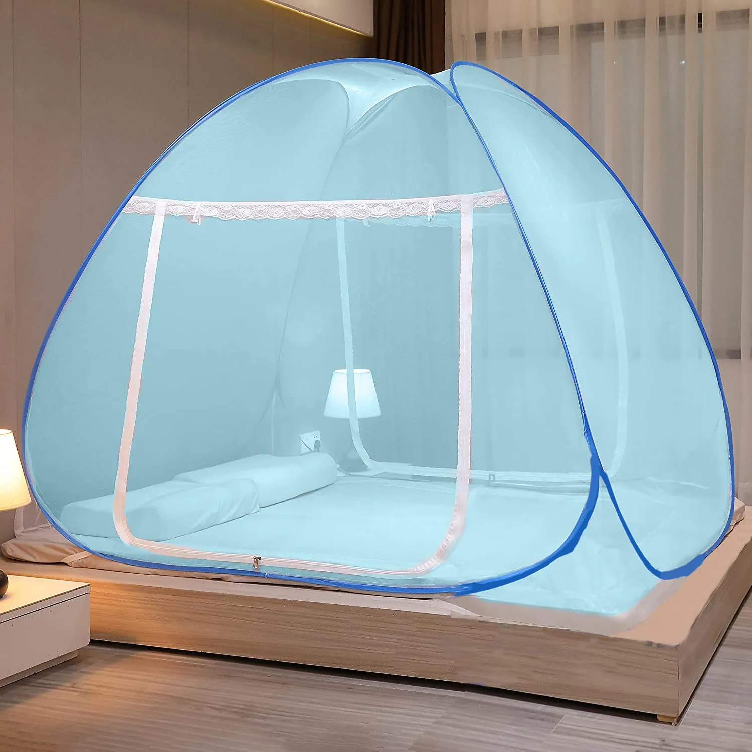 Evafly Mosquito Net for Double Bed | King Size Foldable Machardani | Polyester 30GSM Strong Net | PVC Coated Corrosion Resistant Steel Wire - Full Blue