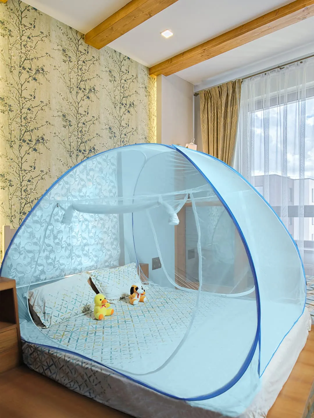 Evafly Mosquito Net for Double Bed | King Size Foldable Machardani | Polyester 30GSM Strong Net | PVC Coated Corrosion Resistant Steel Wire - Full Blue