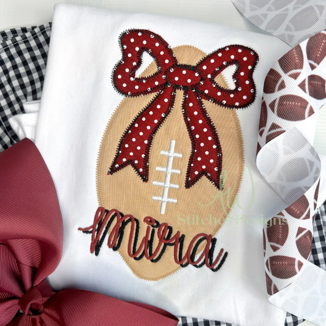 Football with bow zig zag applique machine embroidery design file