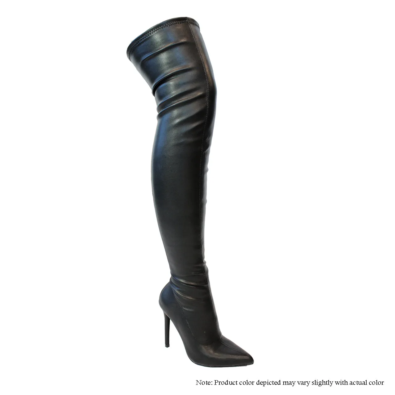 GISELE-7 STRETCHY KNEE-HIGH POINTY TOE BOOT-BLACK PU