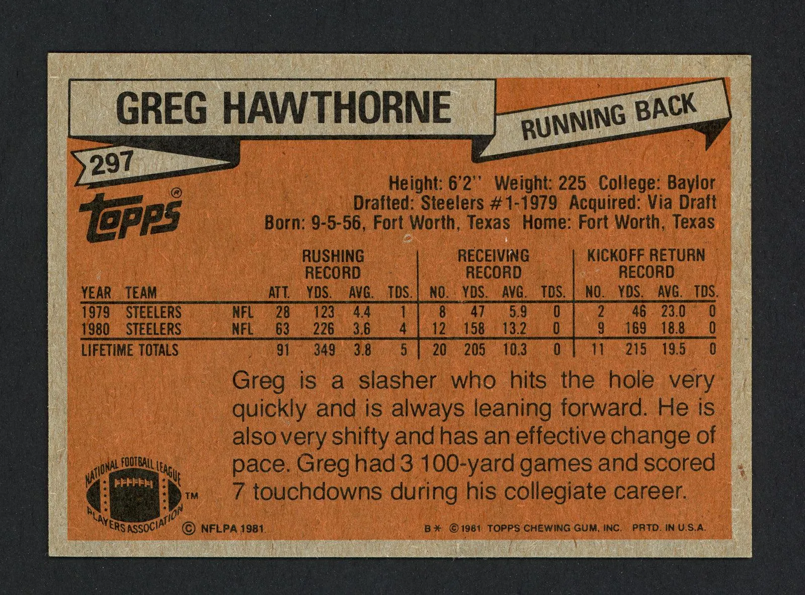 Greg Hawthorne Autographed 1981 Topps Rookie Card #297 Pittsburgh Steelers SKU #160275