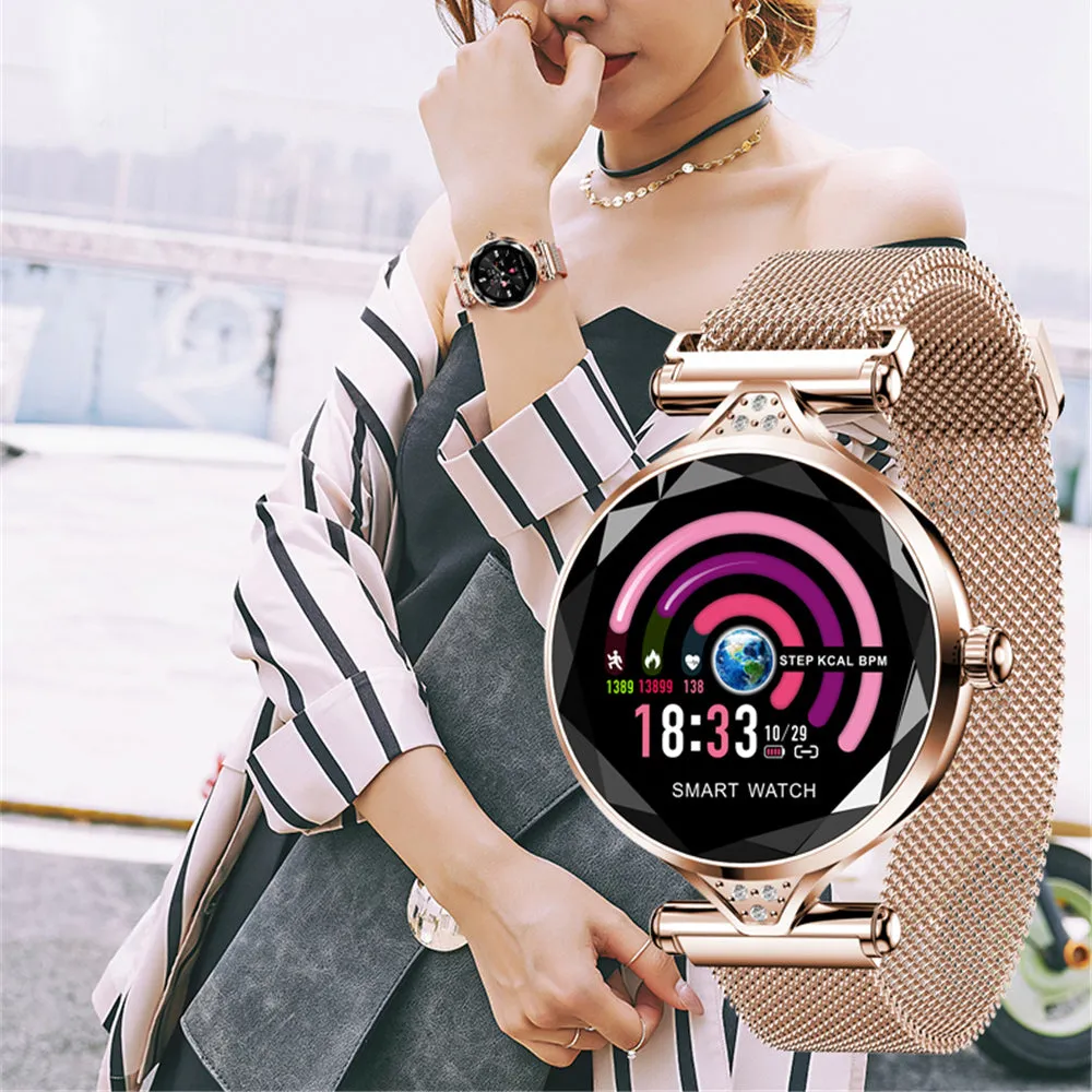 H1 Women Fashion Smart Watch Blood Pressure Heart Rate Monitor Fitness Tracker Bracelet Smartwatch Diamond Flower Color Screen