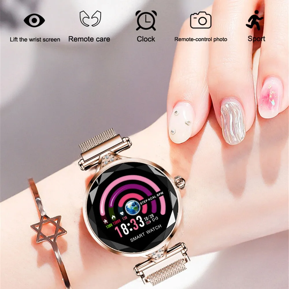 H1 Women Fashion Smart Watch Blood Pressure Heart Rate Monitor Fitness Tracker Bracelet Smartwatch Diamond Flower Color Screen