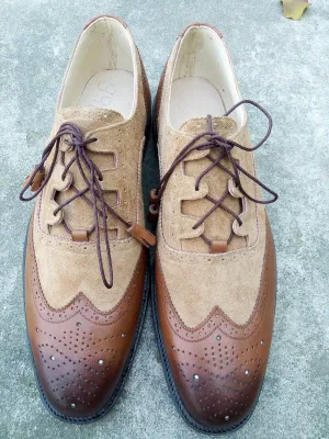 Handmade Men's Two Tone Shoes,Leather and Suede Wing Tip shoes