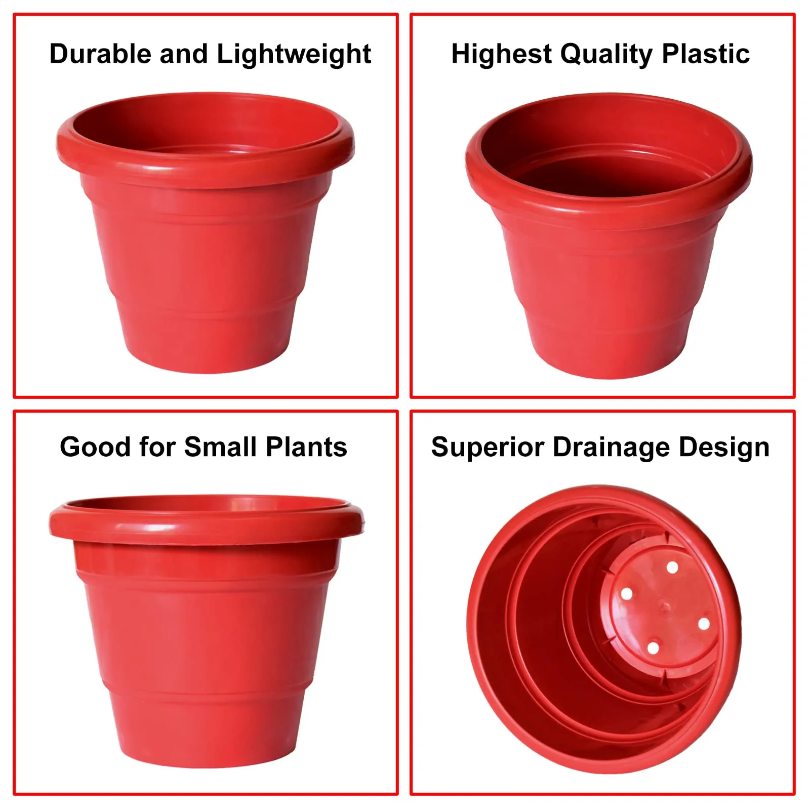 Heart Home Solid 2 Layered Plastic Flower Pot|Gamla for Home Decor,Nursery,Balcony,Garden,8"x 6",Pack of 5 (Red)