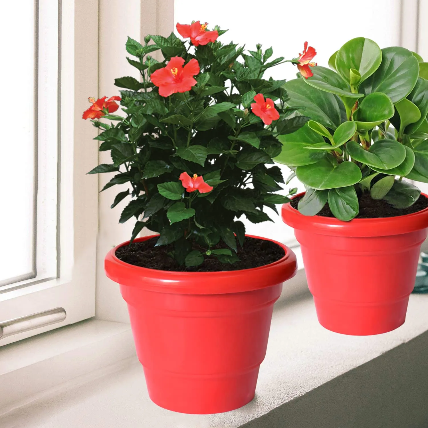 Heart Home Solid 2 Layered Plastic Flower Pot|Gamla for Home Decor,Nursery,Balcony,Garden,8"x 6",Pack of 5 (Red)