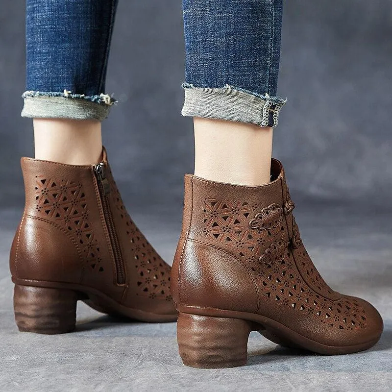 Hollow Thick Heels: RV204 Handmade Women's Casual Shoes Boots