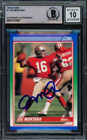 Joe Montana Autographed 1990 Score Card #1 San Francisco 49ers Auto Grade Gem Mint 10 Beckett BAS Stock #220749