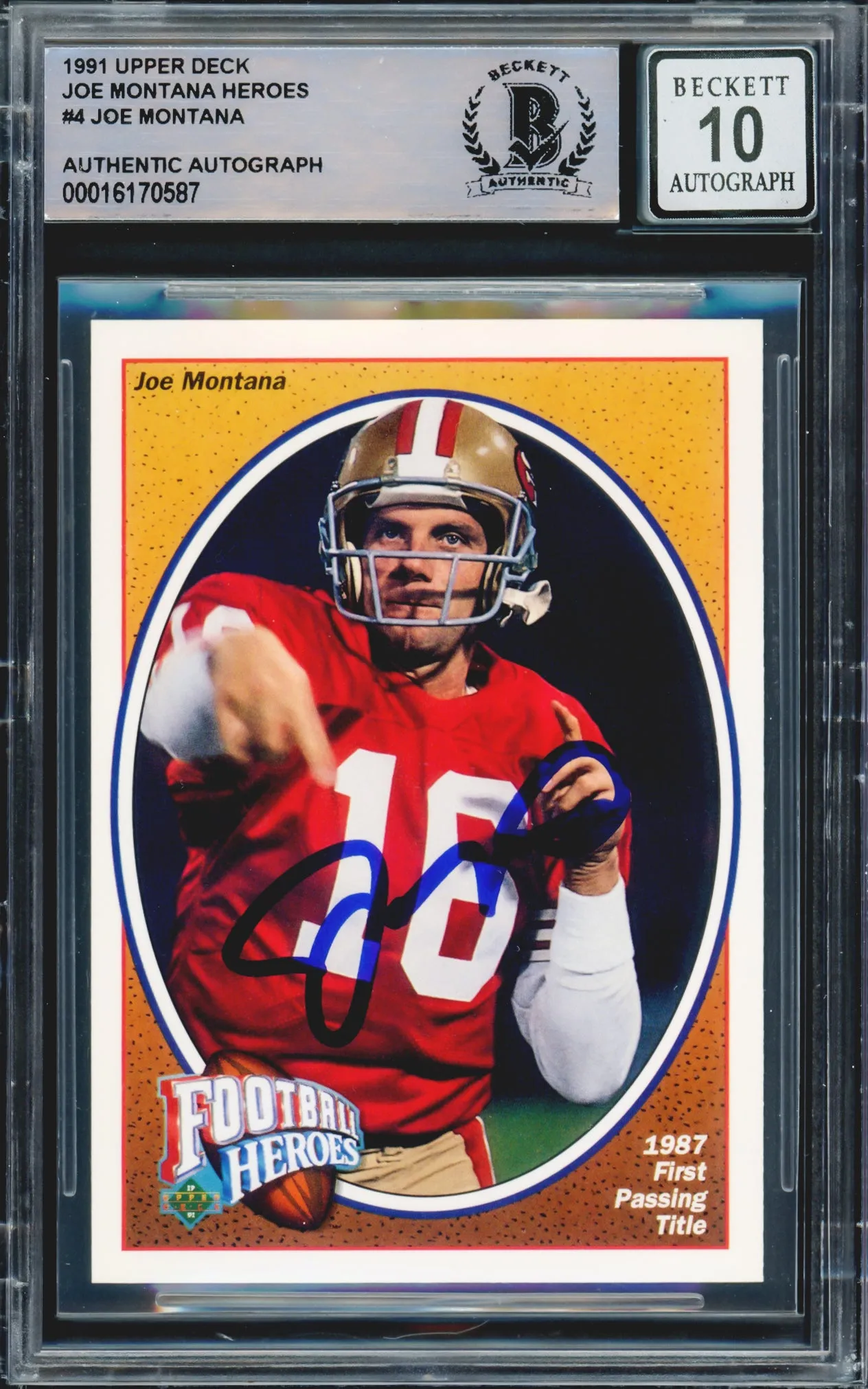 Joe Montana Autographed 1991 Upper Deck Heroes Card #4 San Francisco 49ers Auto Grade Gem Mint 10 Beckett BAS Stock #220758