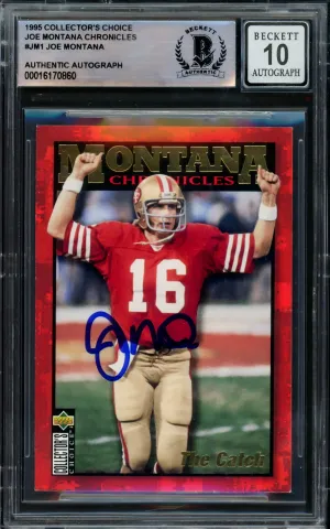 Joe Montana Autographed 1995 Upper Deck Collector's Choice Chronicles Card #JM1 San Francisco 49ers Auto Grade Gem Mint 10 Beckett BAS Stock #220767