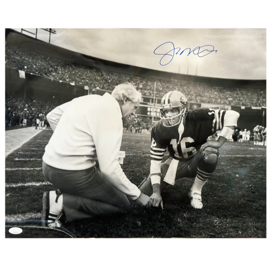 Joe Montana Signed San Francisco 49ers Kneeling with Walsh Football 16x20 Photo (JSA)