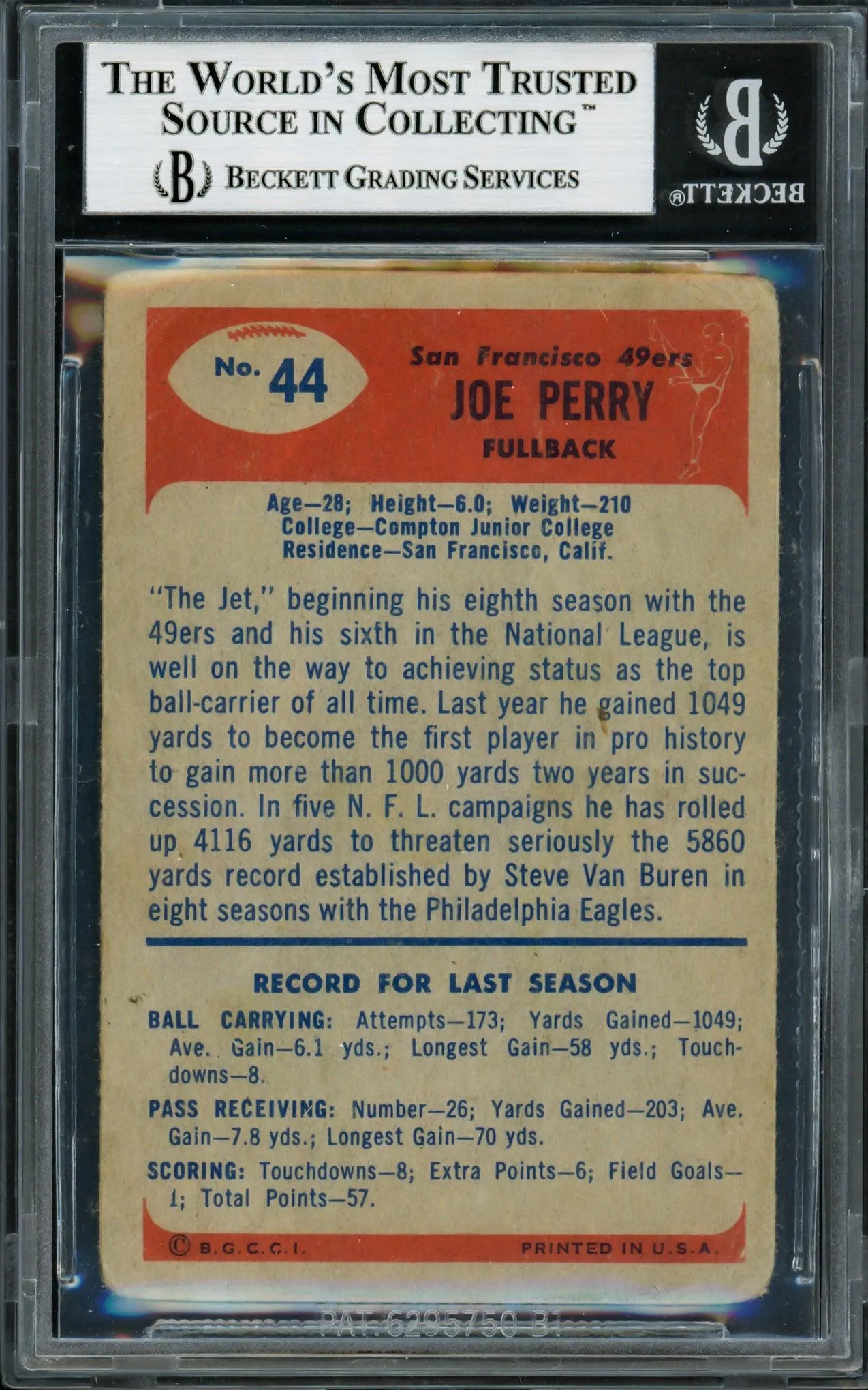 Joe Perry Autographed 1955 Bowman Card #44 San Francisco 49ers Beckett BAS #14066527