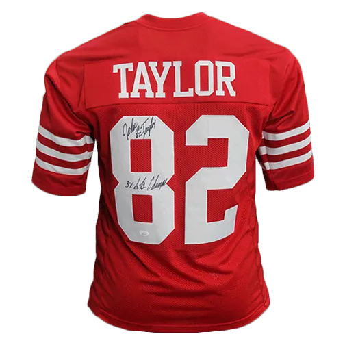 John Taylor Autographed Red Pro Style Football Jersey (JSA) with 3x SB Inscription