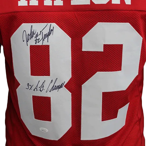 John Taylor Autographed Red Pro Style Football Jersey (JSA) with 3x SB Inscription