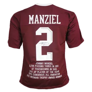 Johnny Manziel Maroon Autographed College Style STAT Football Jersey JSA