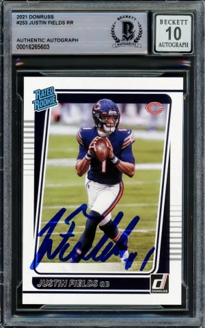 Justin Fields Autographed 2021 Donruss Rated Rookie Card #253 Chicago Bears Auto Grade Gem Mint 10 Beckett BAS Stock #221310