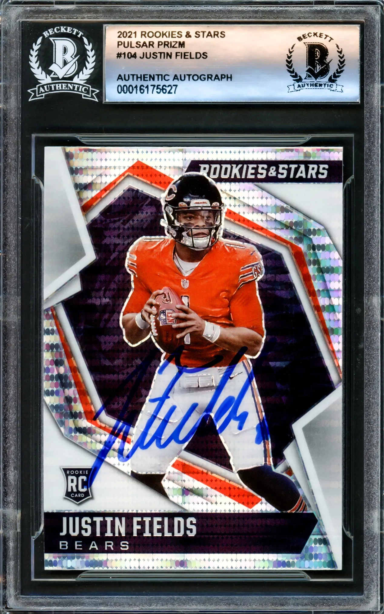 Justin Fields Autographed 2021 Rookie & Stars Rookie Card #104 Chicago Bears Beckett BAS Stock #221177