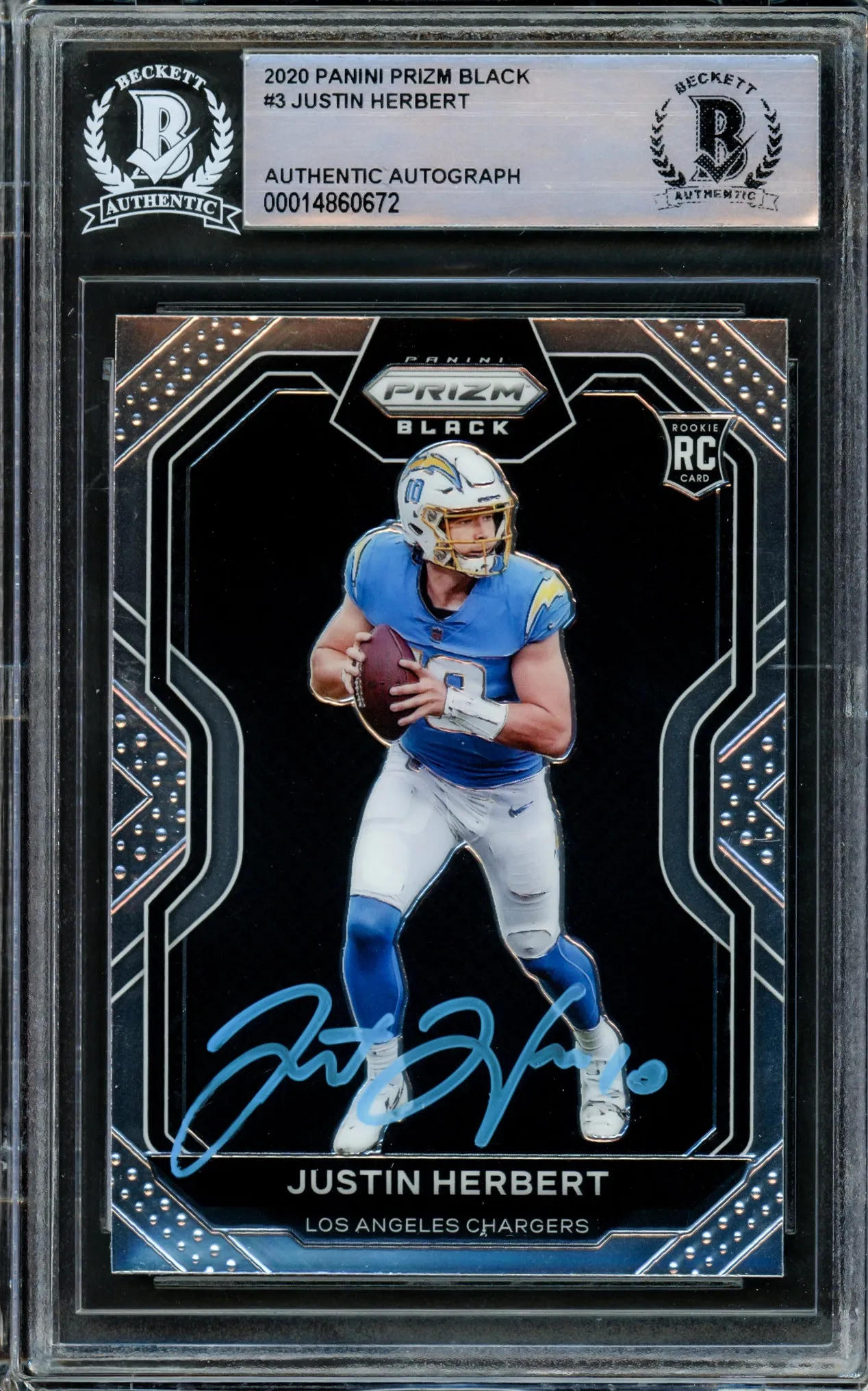 Justin Herbert Autographed 2020 Panini Prizm Black Rookie Card #PB-3 Los Angeles Chargers Beckett BAS #14860672