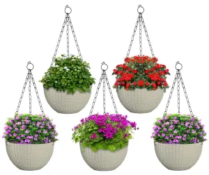 Kuber Industries Plastic Hanging Flower Pot for Balcony & Railing Set of 5 (White) 53KM3839