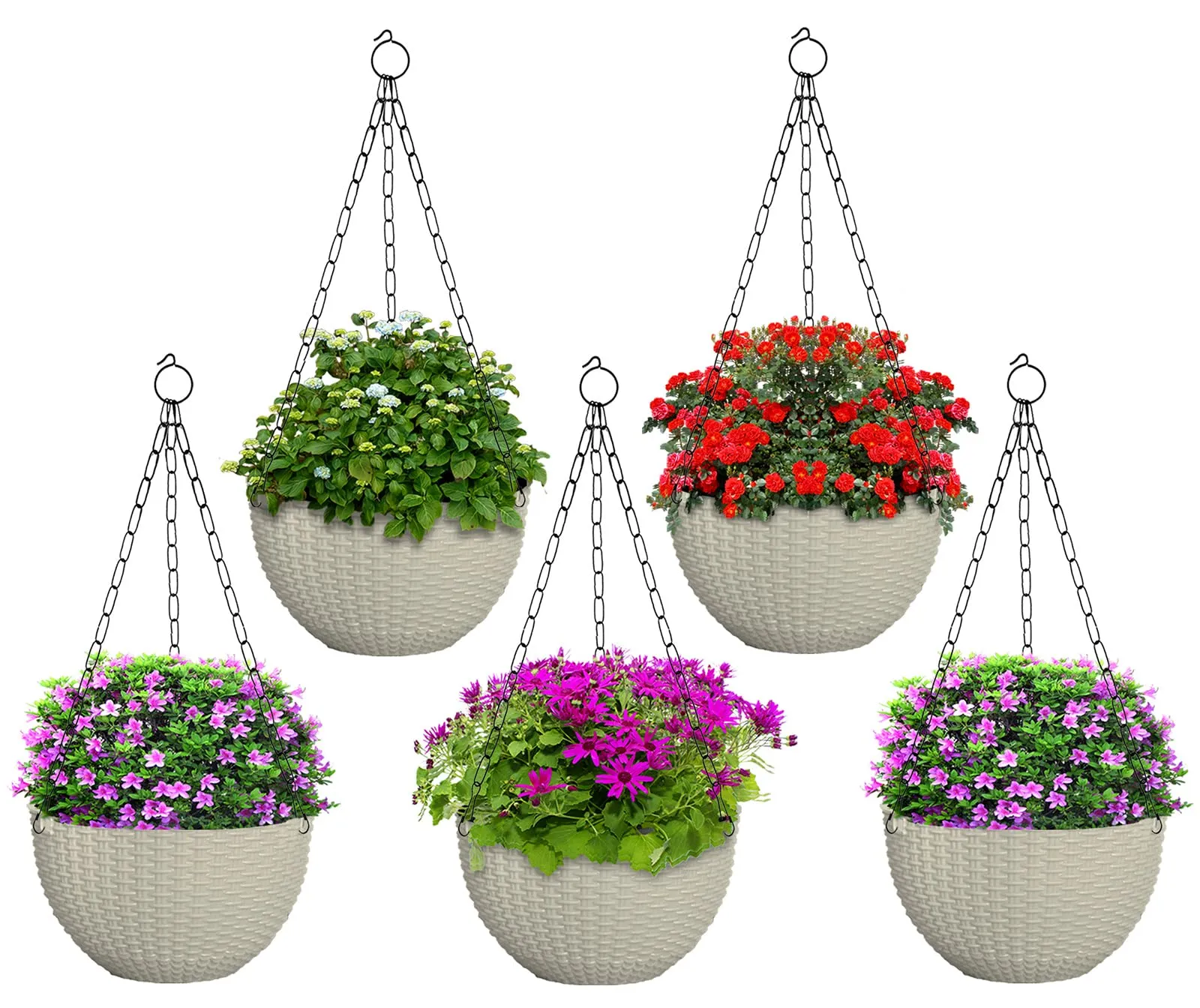 Kuber Industries Plastic Hanging Flower Pot for Balcony & Railing Set of 5 (White) 53KM3839