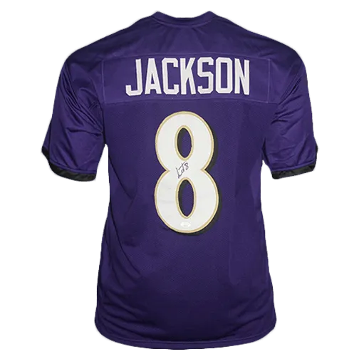 Lamar Jackson Autographed Pro Style Football Jersey Purple (JSA)