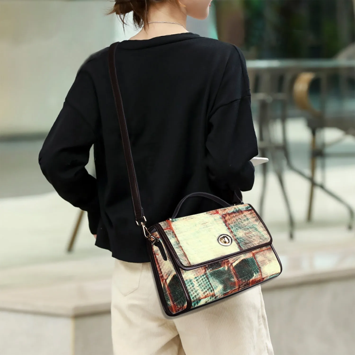 Leather Flap Satchel Bag - "Square Dance"