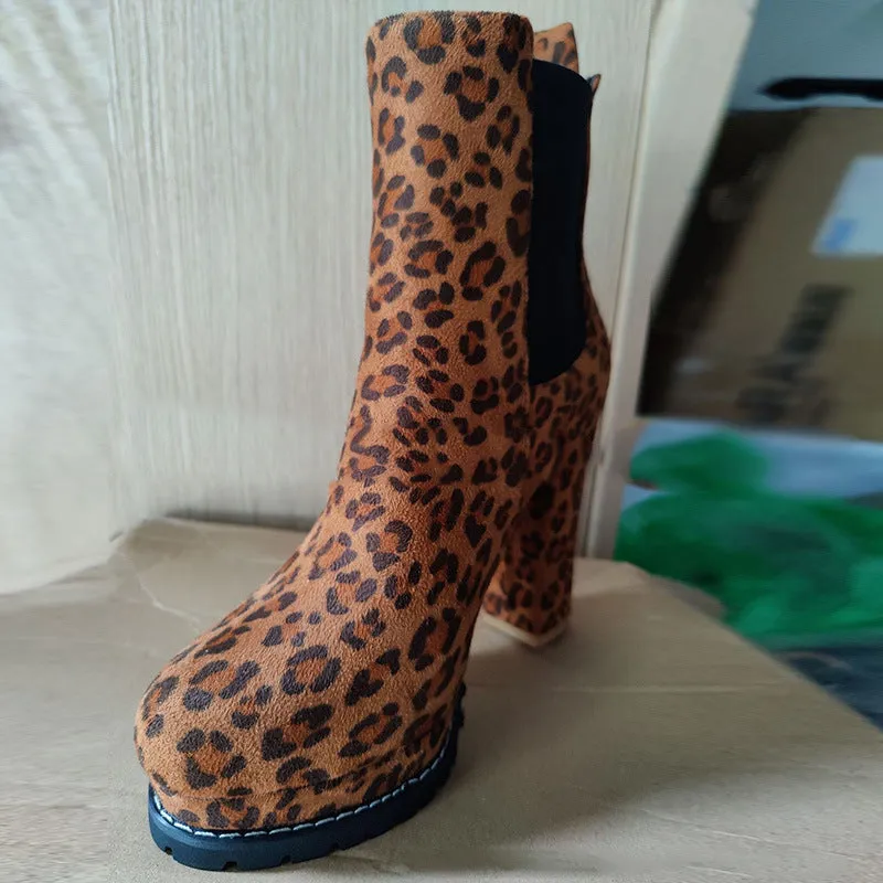 Leopard Print Ankle Boots  High Heel Platform