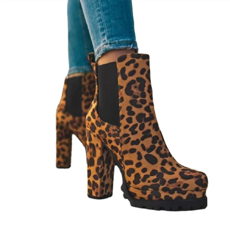 Leopard Print Ankle Boots  High Heel Platform