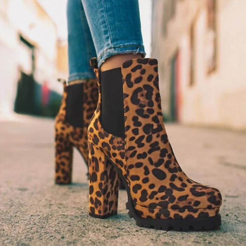 Leopard Print Ankle Boots  High Heel Platform