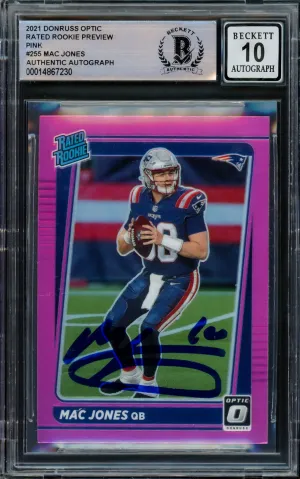 Mac Jones Autographed 2021 Donruss Optic Preview Pink Rookie Card #P-255 New England Patriots Auto Grade Gem Mint 10 Beckett BAS #14867230