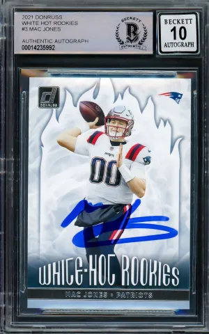 Mac Jones Autographed 2021 Donruss White Hot Rookies Rookie Card #WHR-MJO New England Patriots Auto Grade Gem Mint 10 Beckett BAS Stock #205973